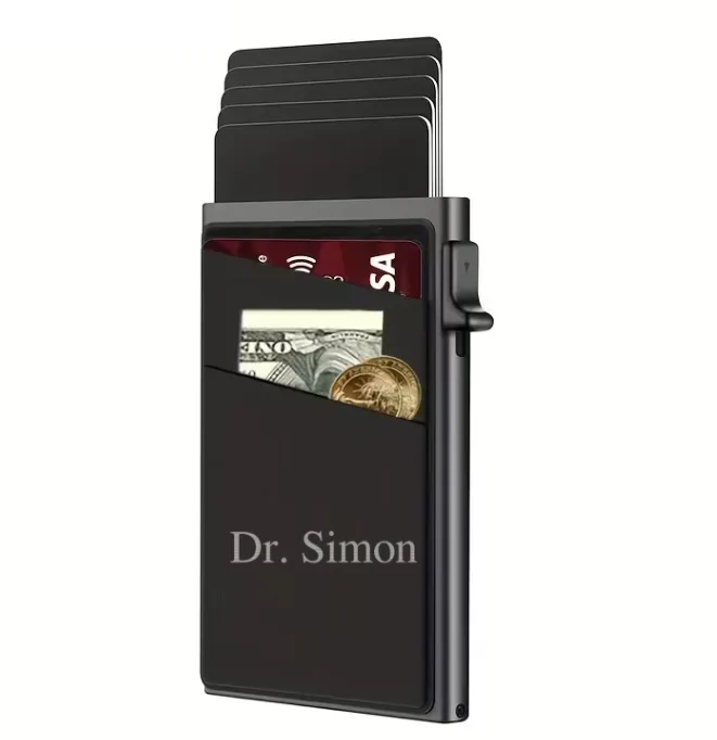 Black pop-up card holder engraved with a name